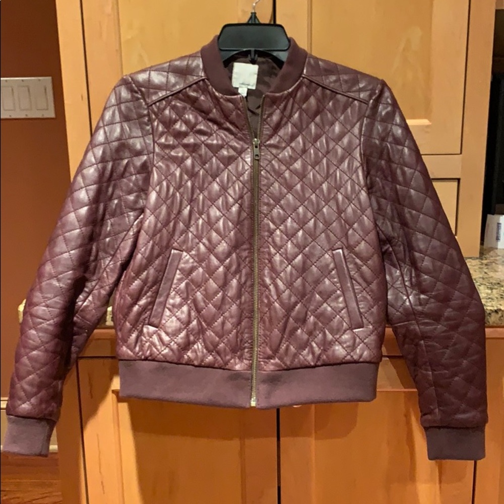 Burgundy quilted leather bomber jacket